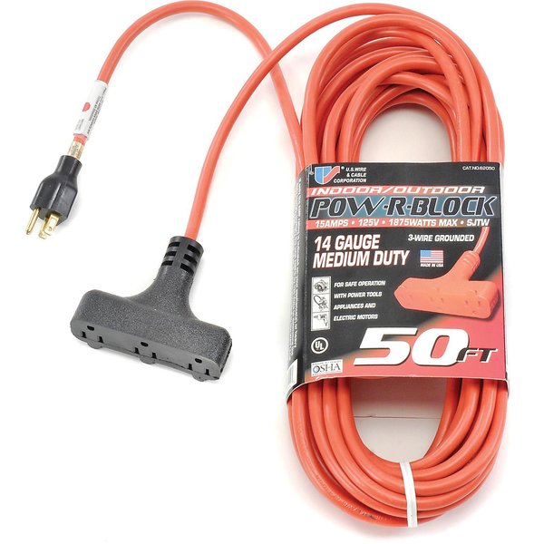 U.S. Wire & Cable 50 Ft. Three Conductor Orange Cord W/Pow-R Block, 14/3 Ga. SJTW-A, 300V, 15A 62050